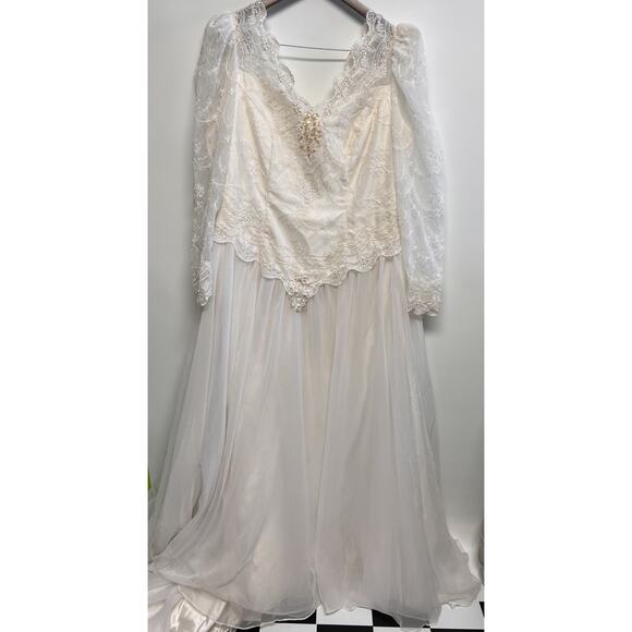 Vintage 90s Wedding Gown Dress Lace Chiffon Beaded Sequin Elegant V- Neck Sz 18 - Picture 11 of 16